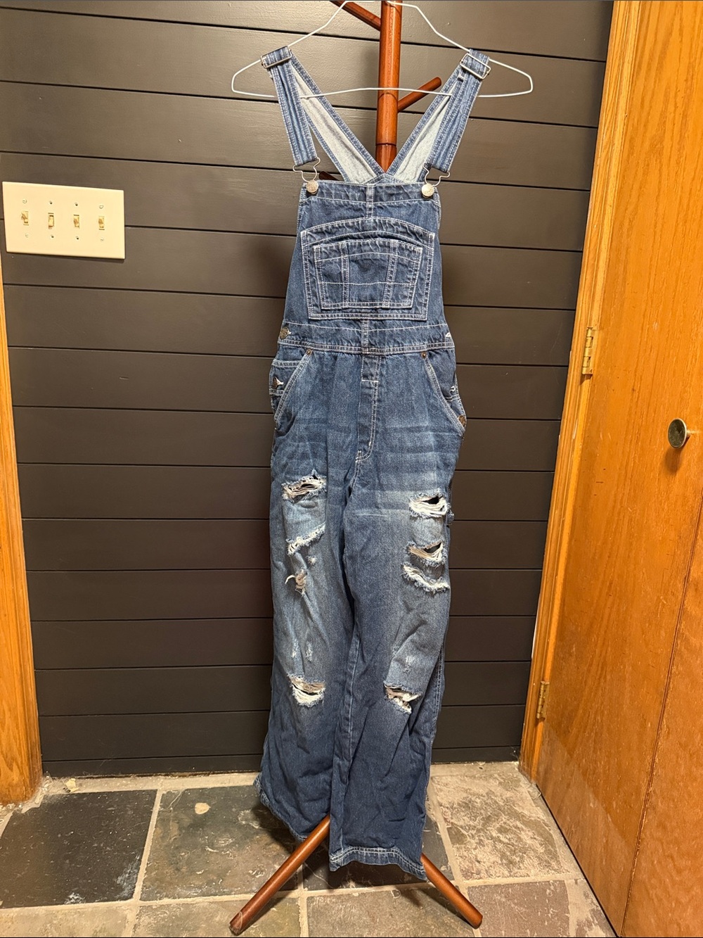 Hybrid & company Distressed Blue Relaxed-Fit Denim Overalls